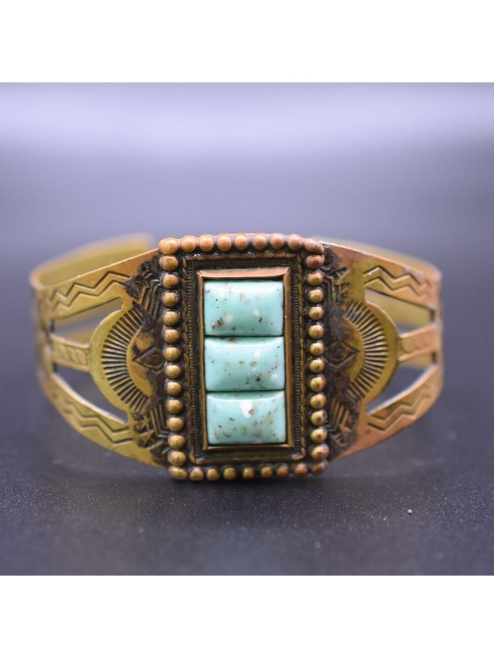 Vintage Brass Cuff Bracelet W/ Turquoise Stones & Southwestern Engraving 6" Circ